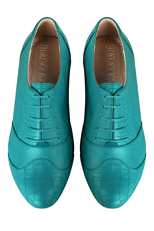 Turquoise blue women's fashion lace-up shoes. Round toe. Flat leather soles. Top view - Florence KOOIJMAN
